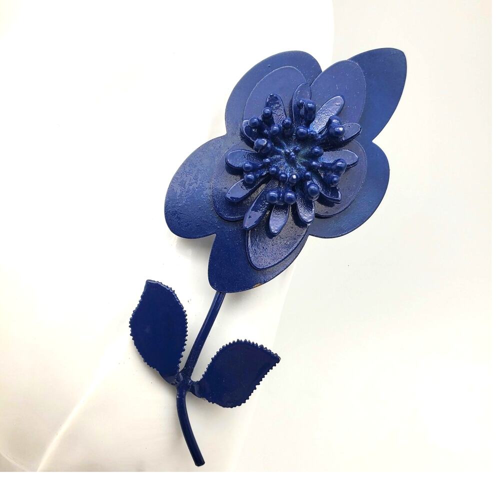 Navy Blue Flower Power Brooch Boho Pin Metal Enameled Stem Hippie Vintage 1960s